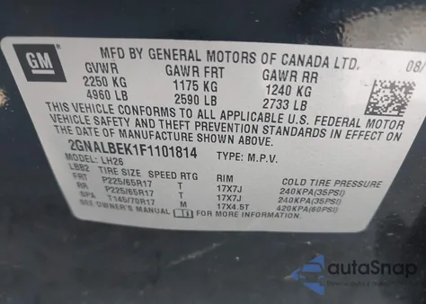 2015 Chevrolet Equinox 1Lt z USA, uszkodzony, nr VIN 2GNALBEK1F1101814